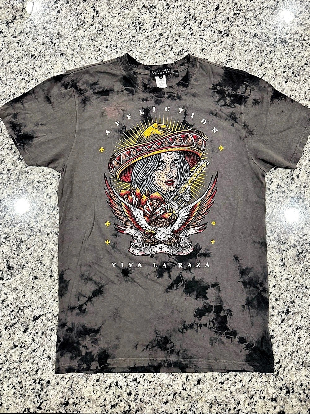 Affliction Viva La Raza Rhinestone Short Sleeve Graphic T-Shirt Graphic Tee